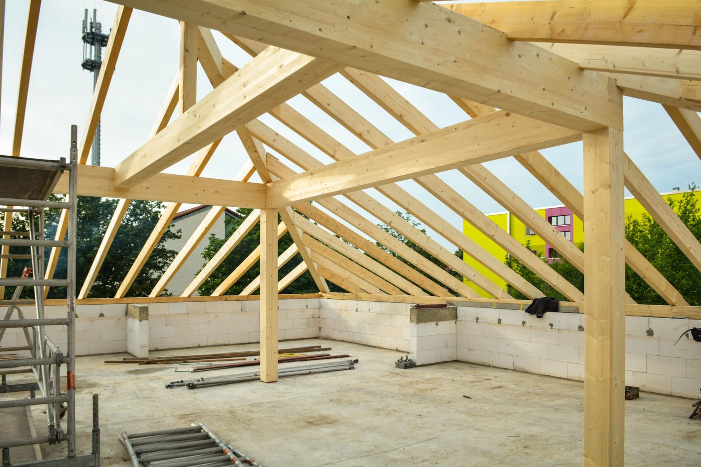 Roof framing structure showing rafters and decking